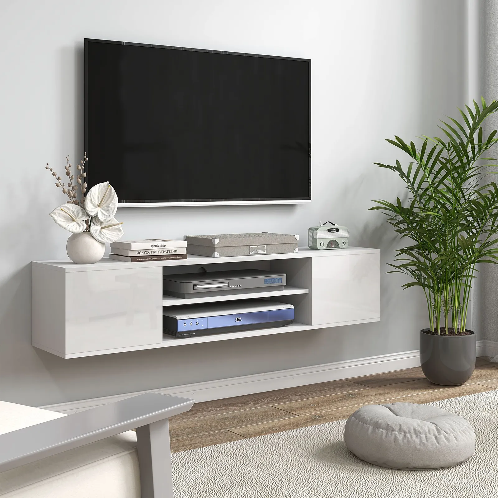 HOMCOM Floating TV Stand Cabinet for 60" TVs W/ Shelves & Cabinets in White