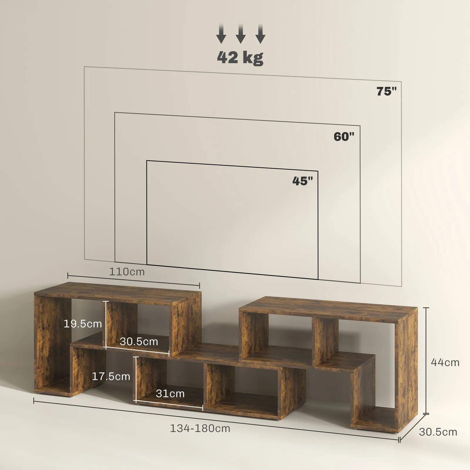 HOMCOM TV Unit for TVs up to 75 Inches, Free Combination TV Stand in Brown 3