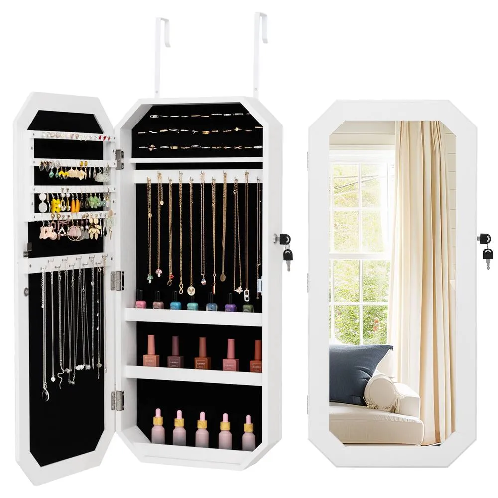 Costway Lockable Full-Length Mirror Jewelry Cabinet wStorage Shelves in White