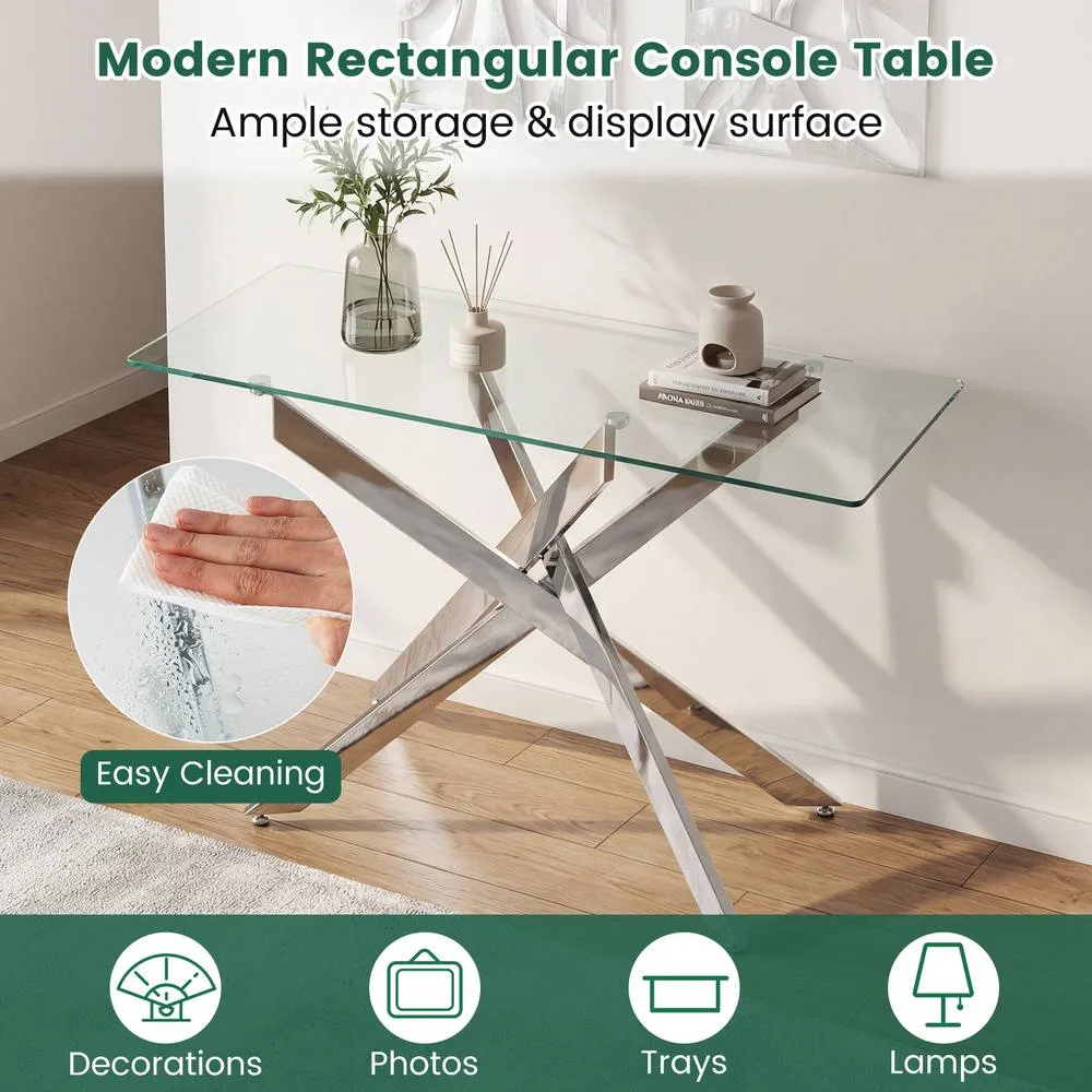 Costway Glass Console Table 115CM Entryway Table w/ Clear Tempered Glass Top in Silver 6