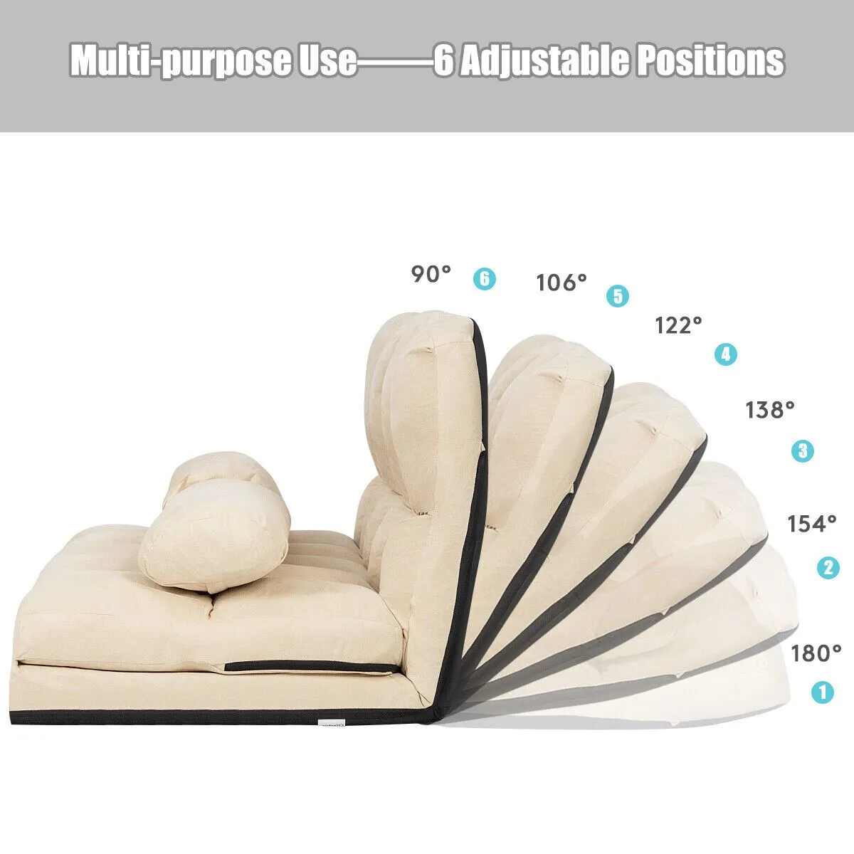 Costway 3 IN 1 Folding Lazy Sofa Bed Floor Sleeper Seat 6-Position Adjustable 2 Pillows in Beige 6