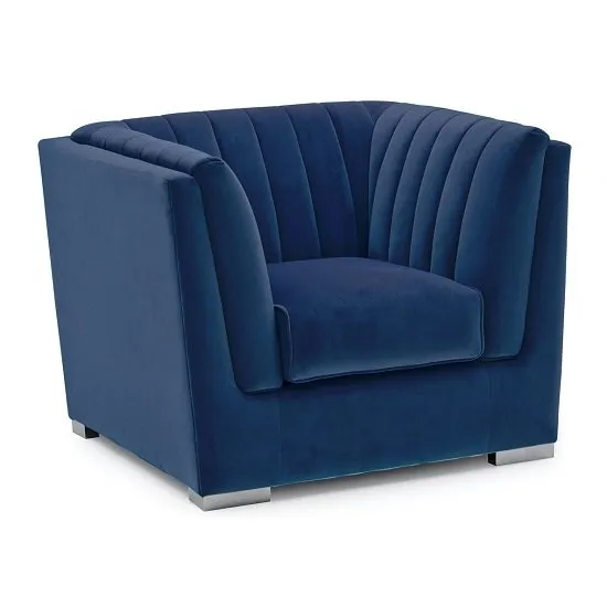 Flores Fabric Sofa Chair In Blue Velvet With Chrome Legs