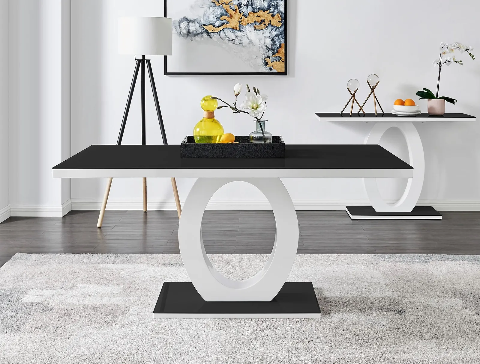 FurnitureboxUK Giovani Rectangular 6 Seat White High Gloss Unique Halo Base Dining Table Black Glass Top 6 Soft Velvet Silver Leg Pesaro Chairs 2