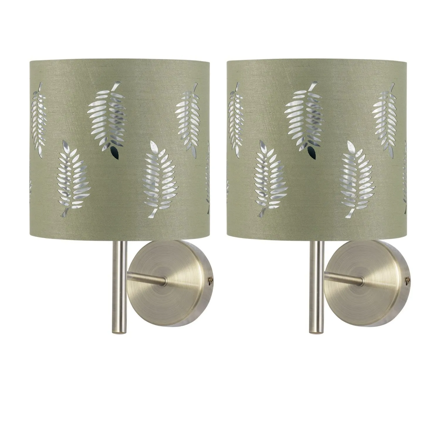 First Choice Lighting Set of 2 Brea - Antique Brass Wall Lights with Sage Green Fern Shades in Gold