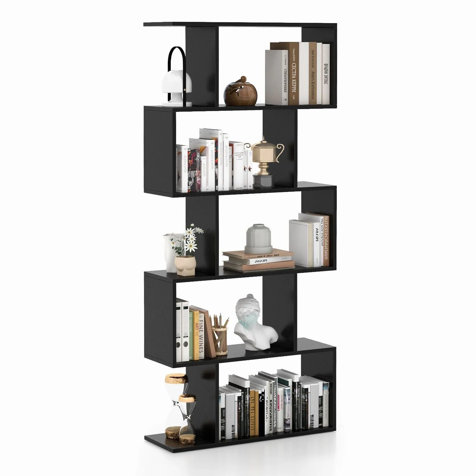 Costway 5-tier Bookcase Anti-Toppling S-Shaped Bookshelf Wooden Storage Display Rack in Black