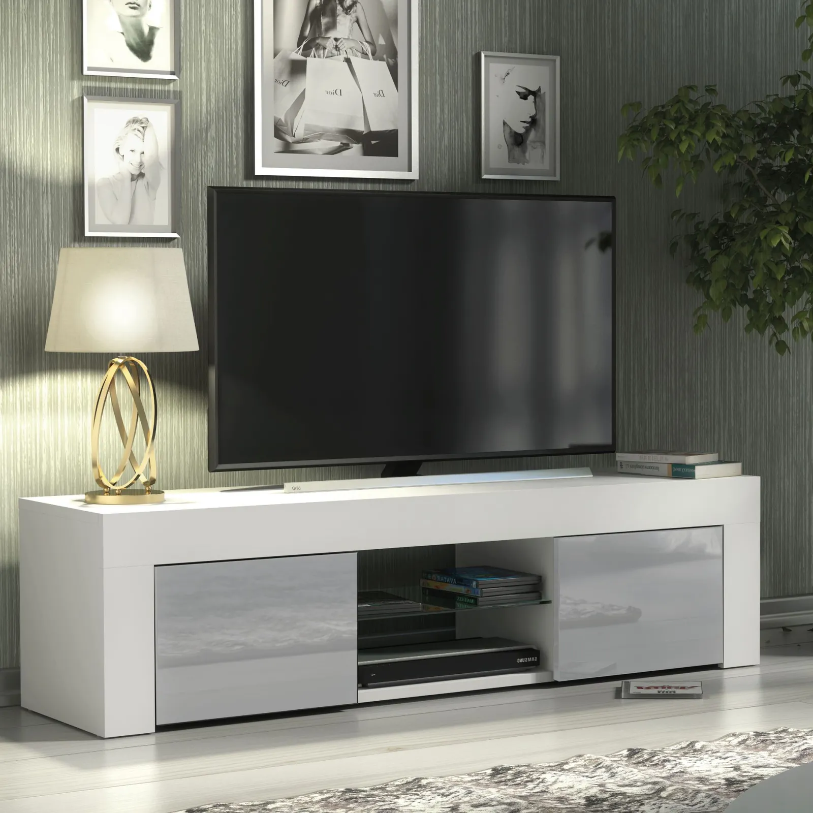 Creative Furniture Loom TV Unit 130cm - A Minimalist & Sophisticated Cabinet with Gloss Doors & LED Lights in Grey 5