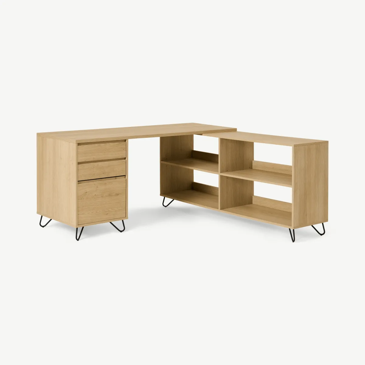 Elona Corner Desk with Open Sideboard, Oak Effect & Black