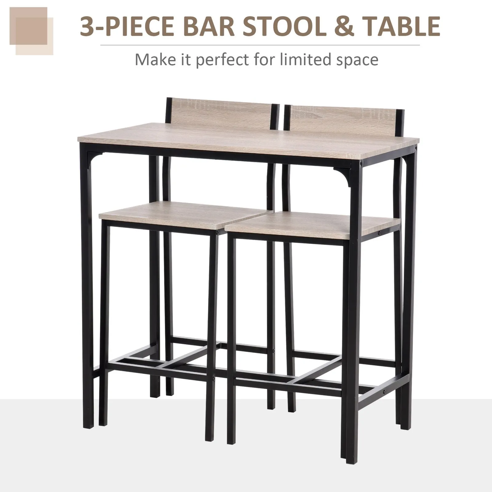 HOMCOM 3 Pieces Table Stool Set Industrial Design Metal Frame MDF Panels in Light Brown 5