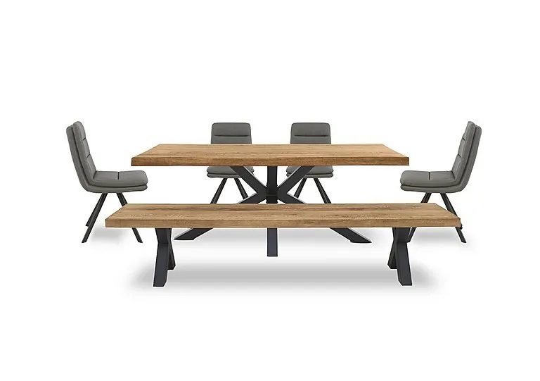 Njord Raw Edge Dining Table with Metal Star Base, Bench and 4 Grey Faux Leather Swivel Chairs - 220-cm