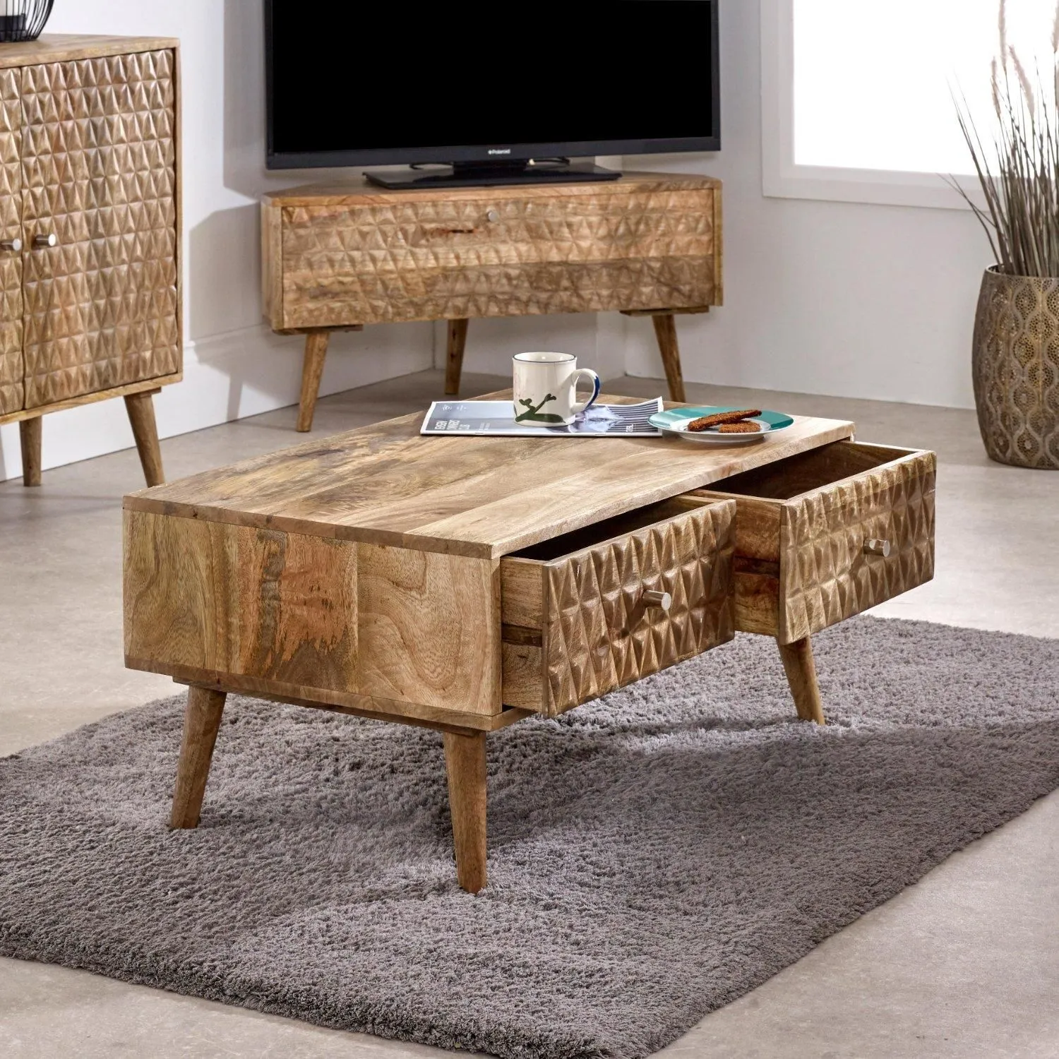 IH Design Ryley Light Mango Wood Corner TV Stand in Natural 5