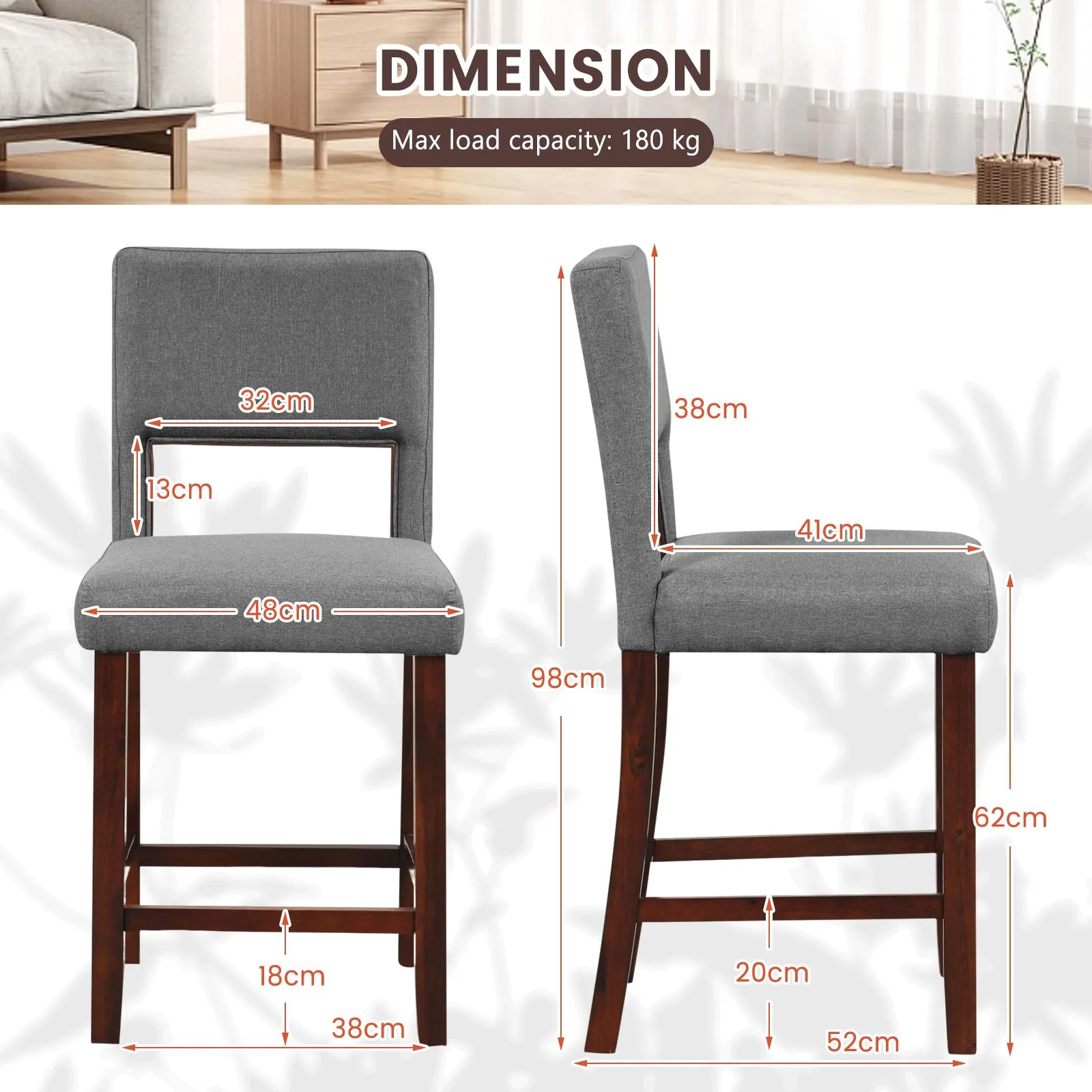 Costway Set of 2 Bar Stools Linen Counter Height Chair Upholstered Kitchen Island Stool in Grey 2