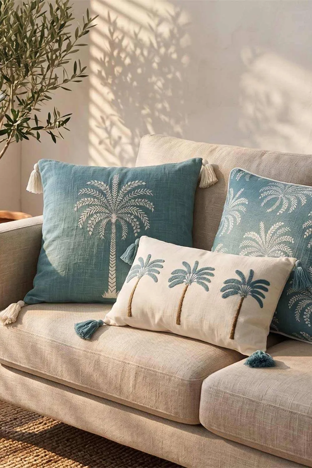 Homescapes White Embroidered Palm Cushion with Tassels, 30 x 50cm 6