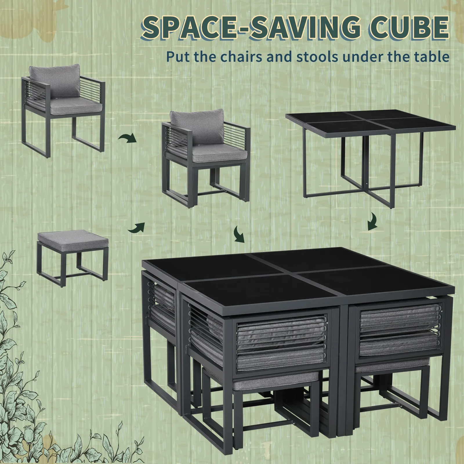 OUTSUNNY 8 Seater Aluminium Garden Dining Cube Setwith 4 Chairs 4 Footstools in Grey 4