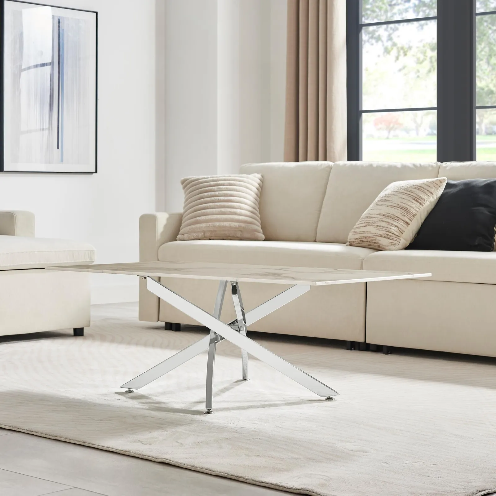 FurnitureboxUK Leonardo Rectangular Marble Effect Glass Top Coffee Table With Silver Metal Starburst Legs in White 5