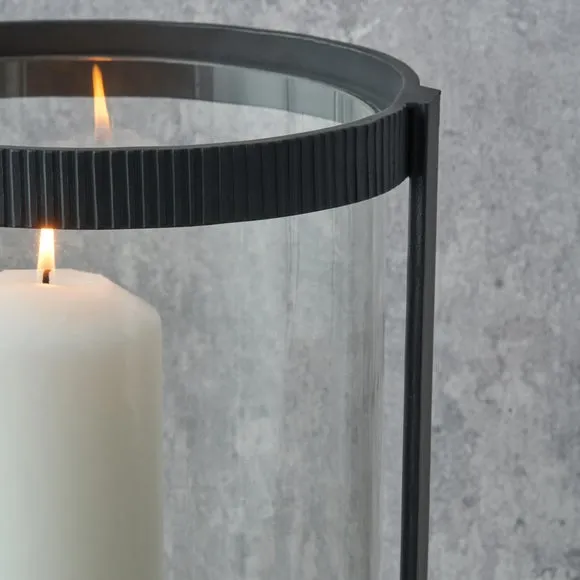 Black Ribbed Metal Glass Cylinder Hurricane Candle Holder 4
