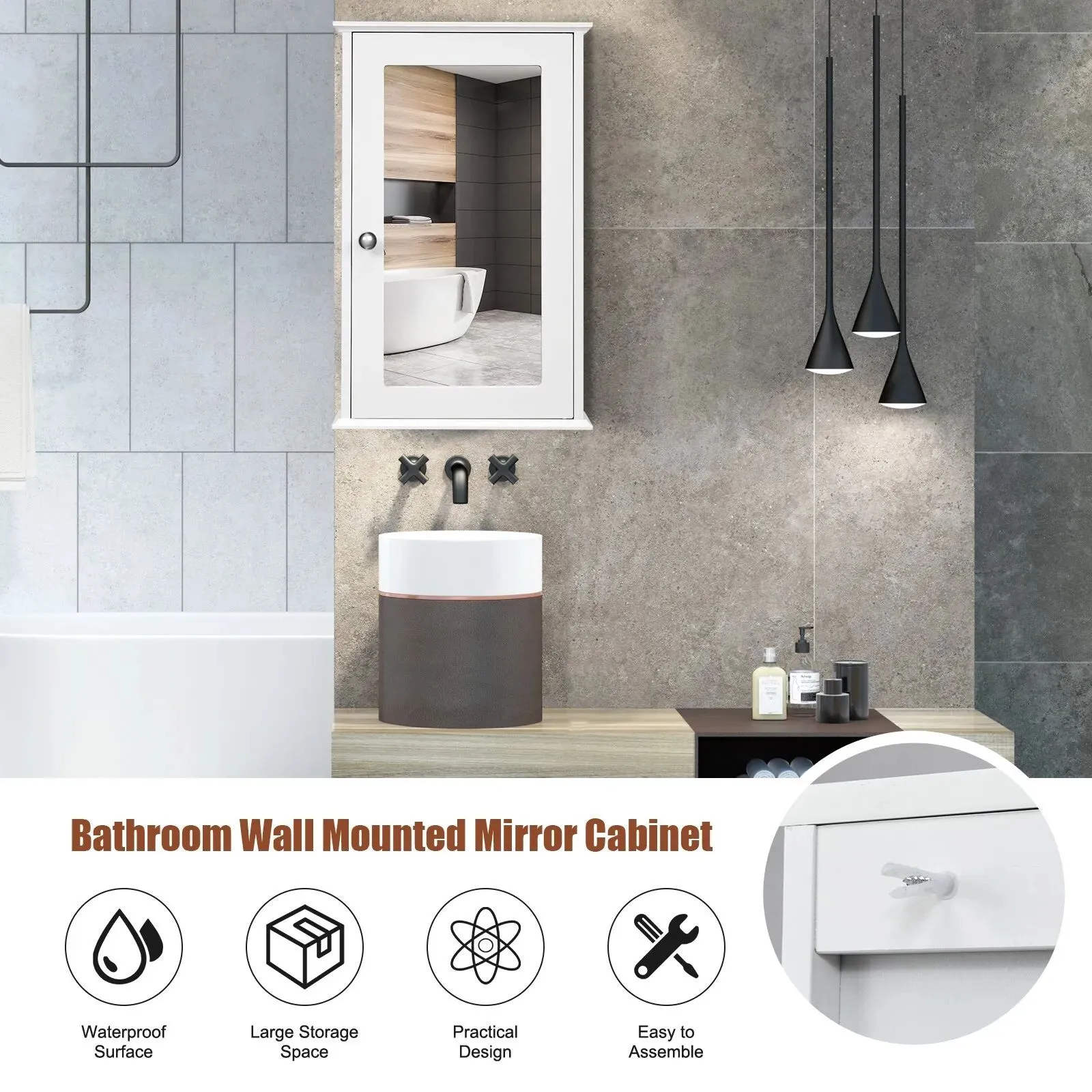 Costway Bathroom Mirror Cabinet Wall Mounted Storage Cupboard Mirrored Medicine Cabinet in White 5