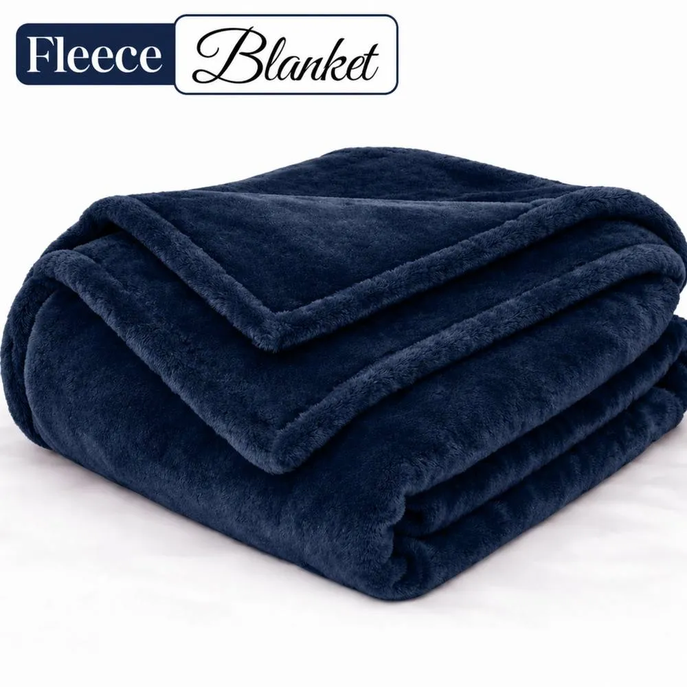 Pamposh Extra Large Flannel Fleece Blanket Reversible Bed & Sofa Throw in Navy
