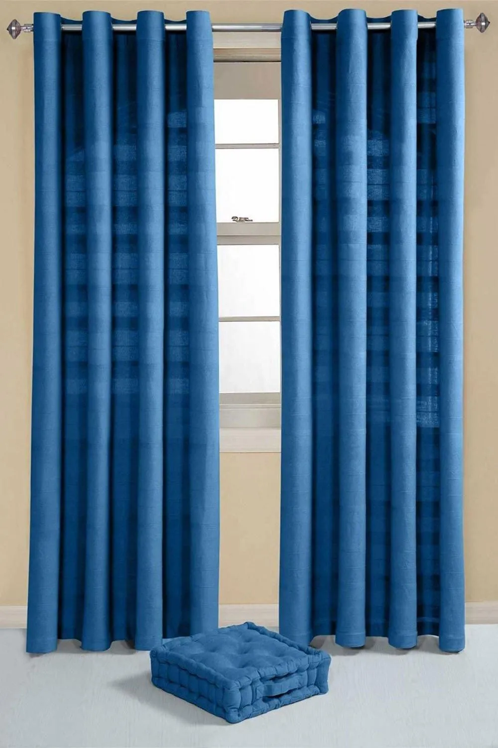 Homescapes Cotton Rajput Ribbed Curtain Pair in Blue 3