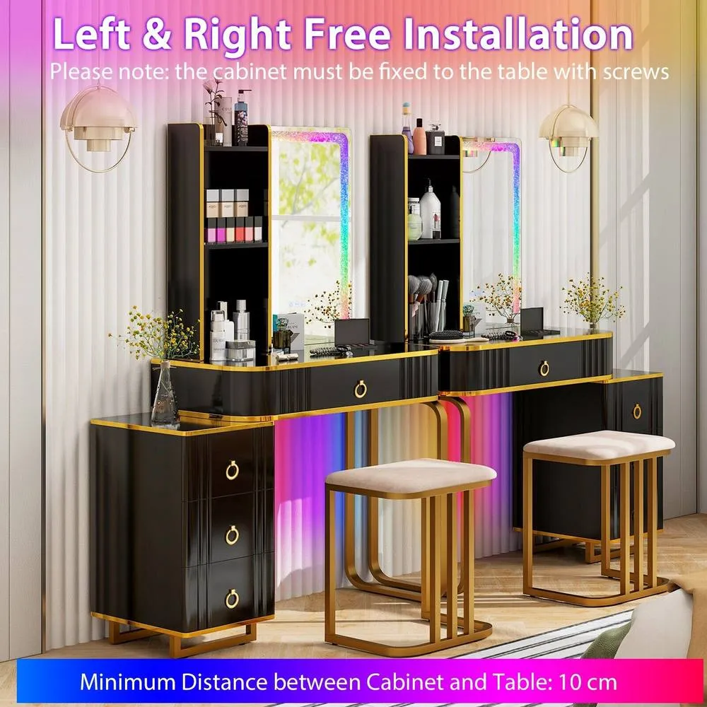 Costway Dressing Table & Stool Set w/Mirror RGB Lights & Charging Station in Black 5