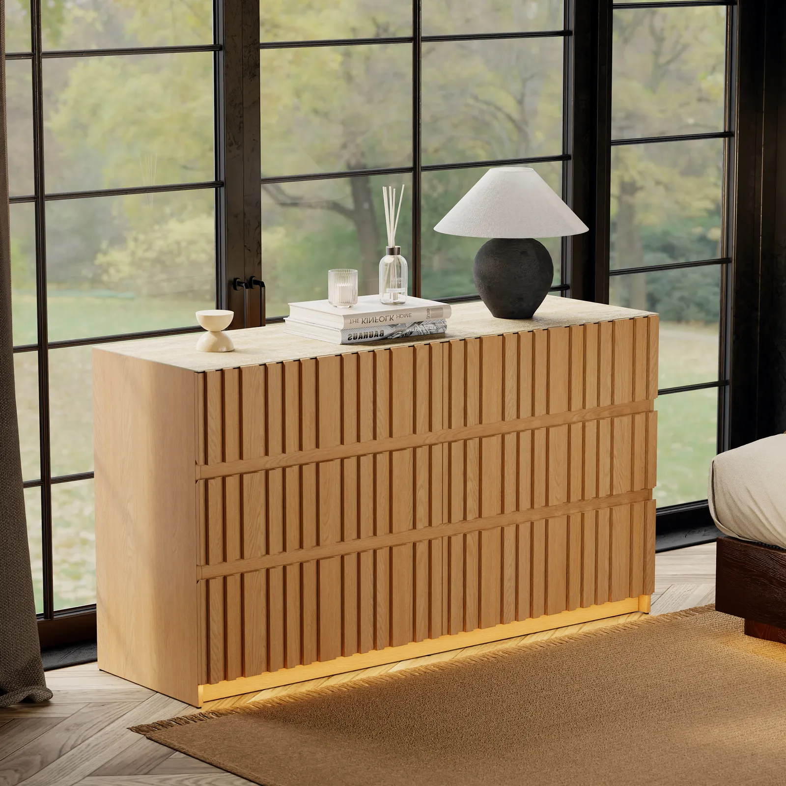 Aura 59" Natural Sintered Stone 6-Drawer Dresser with Lighting