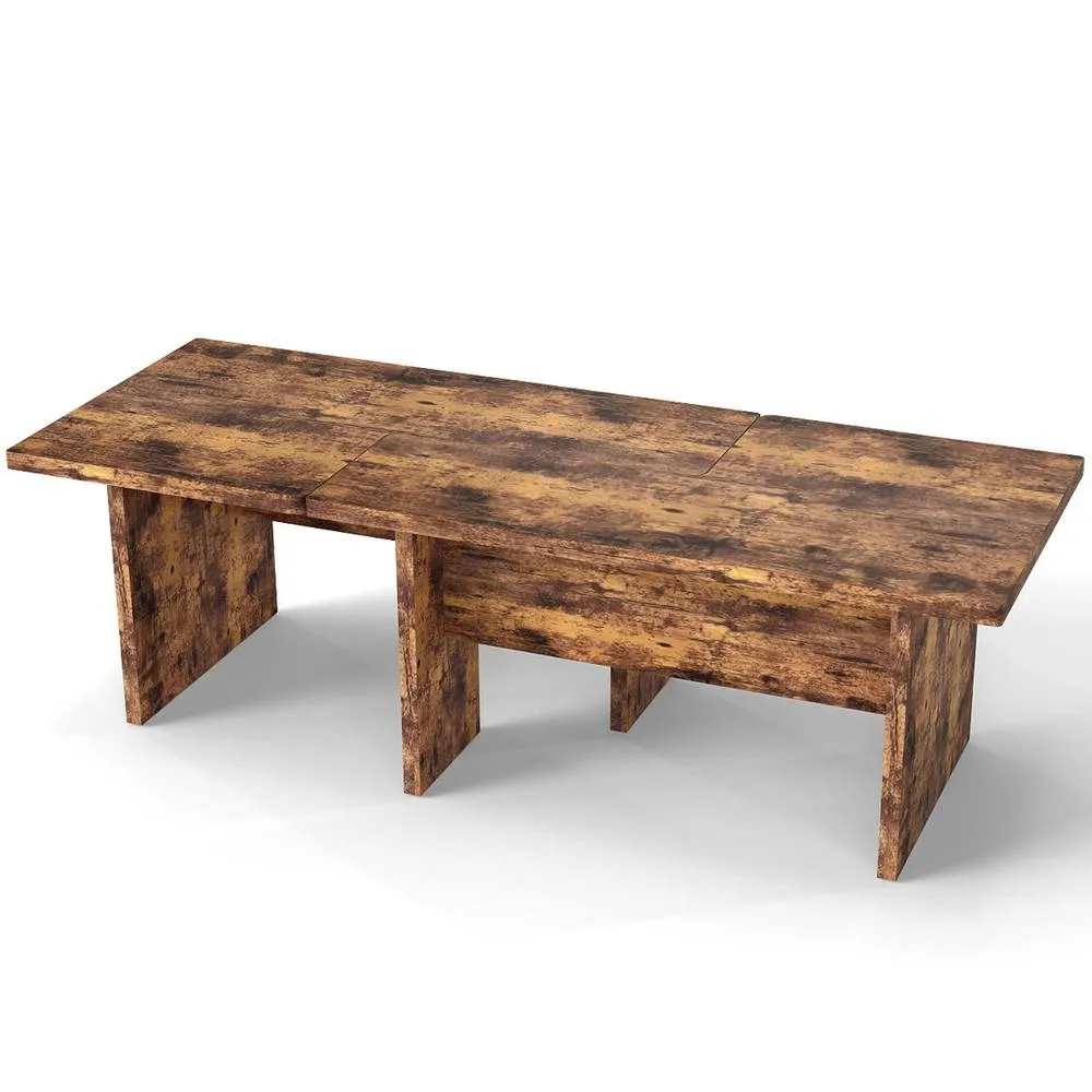 Costway 2PCS Modular Coffee Table Industrial Center Tables Wooden Side Table in Walnut 4