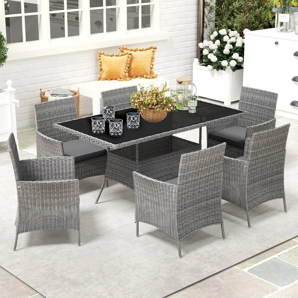 OUTSUNNY Rattan Dining Set for 6 with Cushions, Glass Top Table in Dark Grey