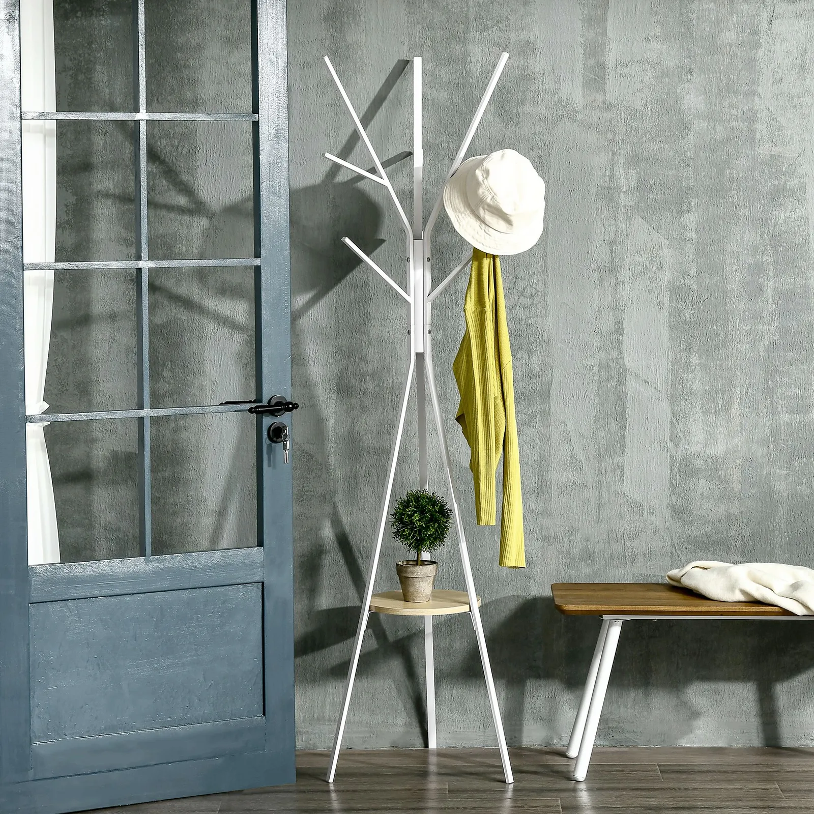 HOMCOM Free Standing Coat Rack Metal Shelf Holder Stand Display Clothes Hat in White