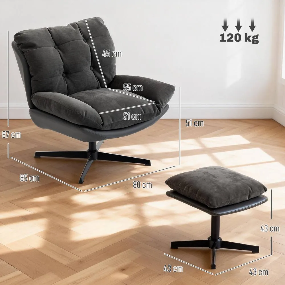 HOMCOM Accent Chair with Footstool, Modern Swivel Lounge Chair, Dark Grey 3