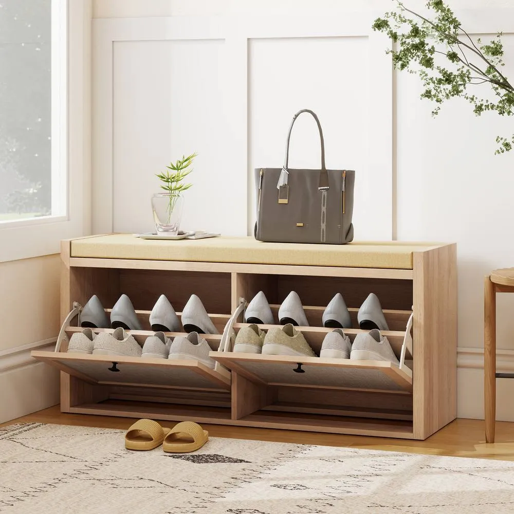 HOMCOM Rattan Shoe Bench with Padded Cushion & 2 Cabinets, Oak in Light Oak