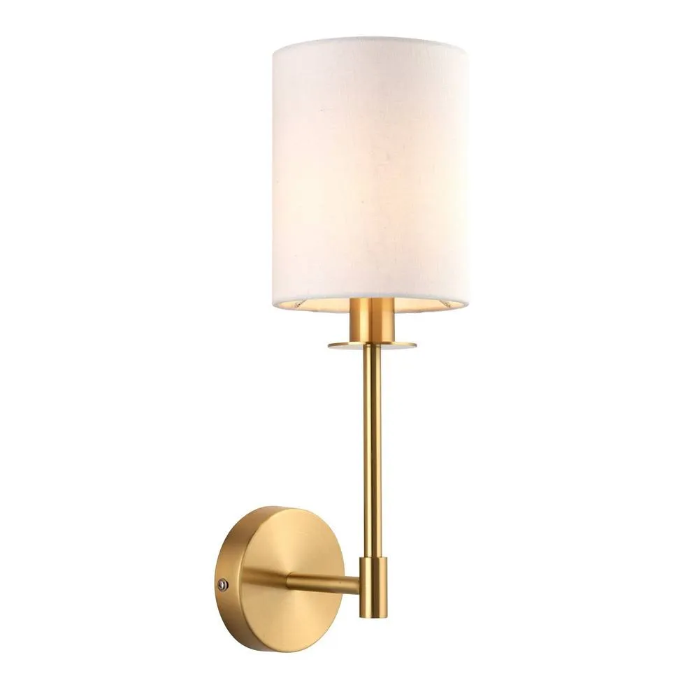 Endon Collection Sancerre Wall Lamp With Shade Satin Brass Plate Vintage White Fabric 1X E14, Gold