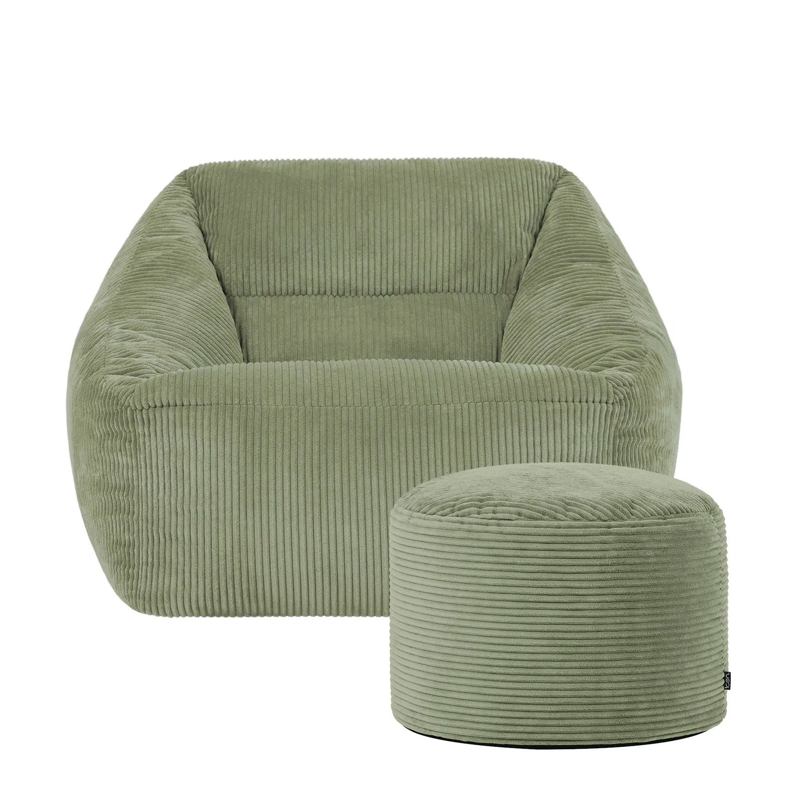 icon Corduroy Bean Bag Armchair & Round Beanbag Footstool in Green