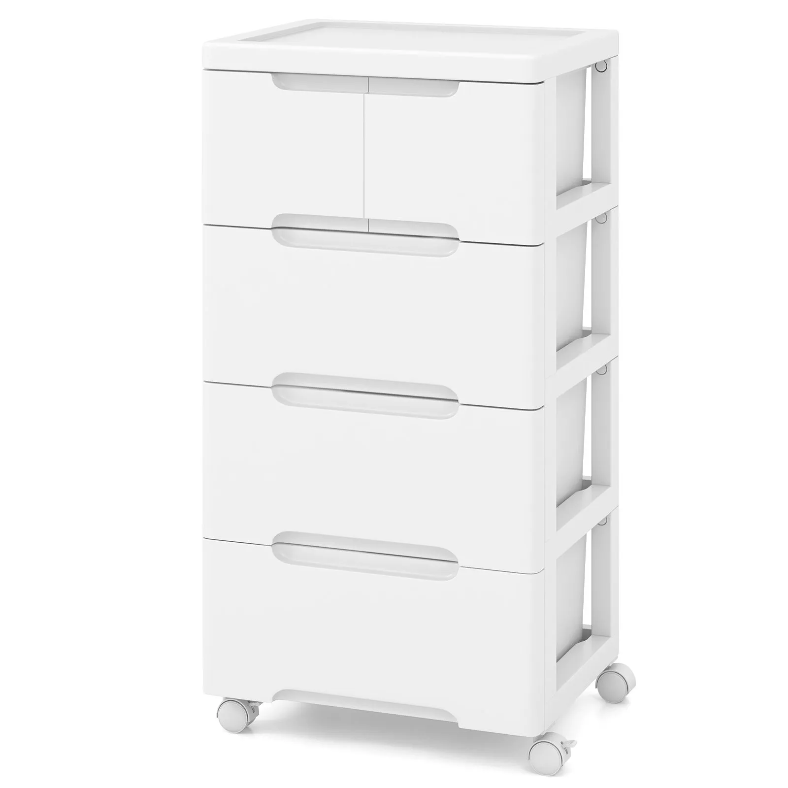 Costway 5-Drawer Rolling Cabinet Plastic Storage Cart 4-tier Drawer Dresser w/ Wheels in White