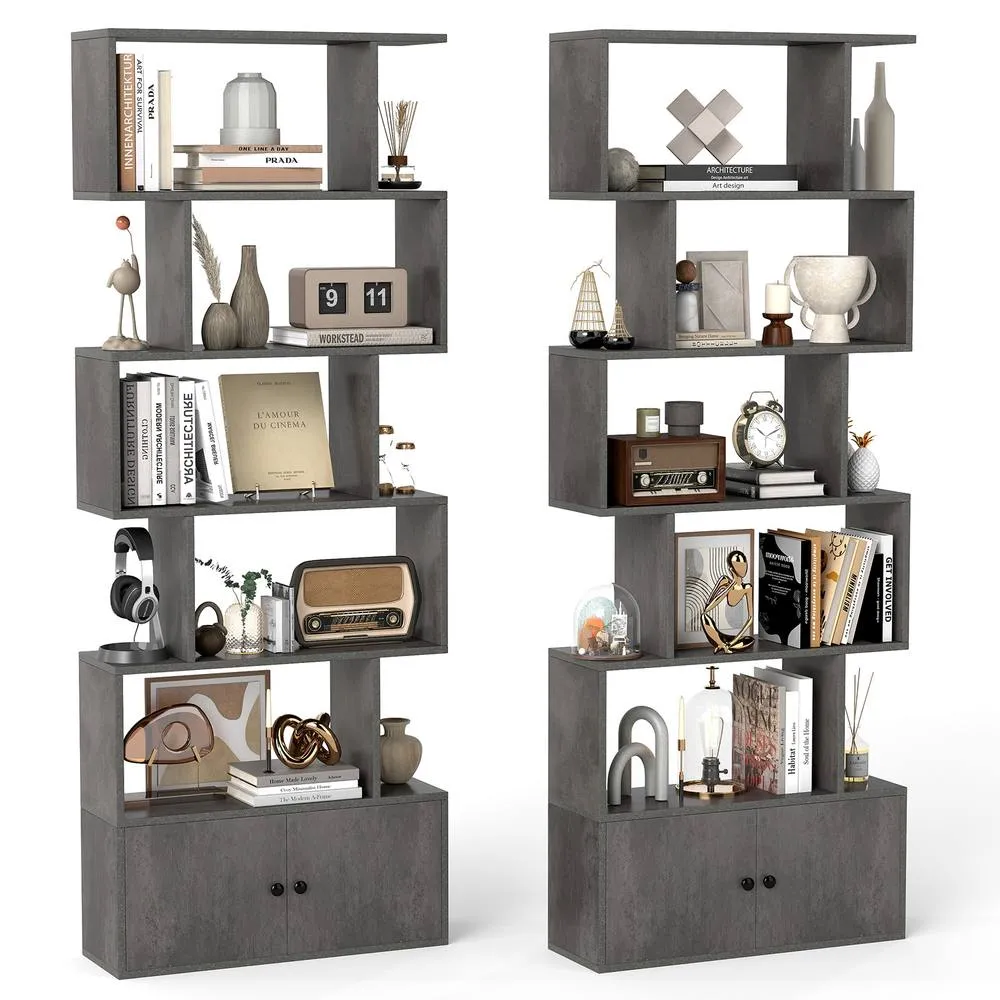 Costway 6-Tier Bookshelf w/ Cabinet S-Shaped Bookcase Shelf Storage Organizer in Grey 3