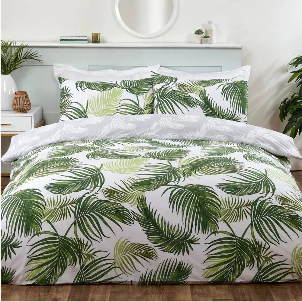 Smart Living Polycotton Floral Palm Print Reversible Duvet Cover With Pillowcase in Green