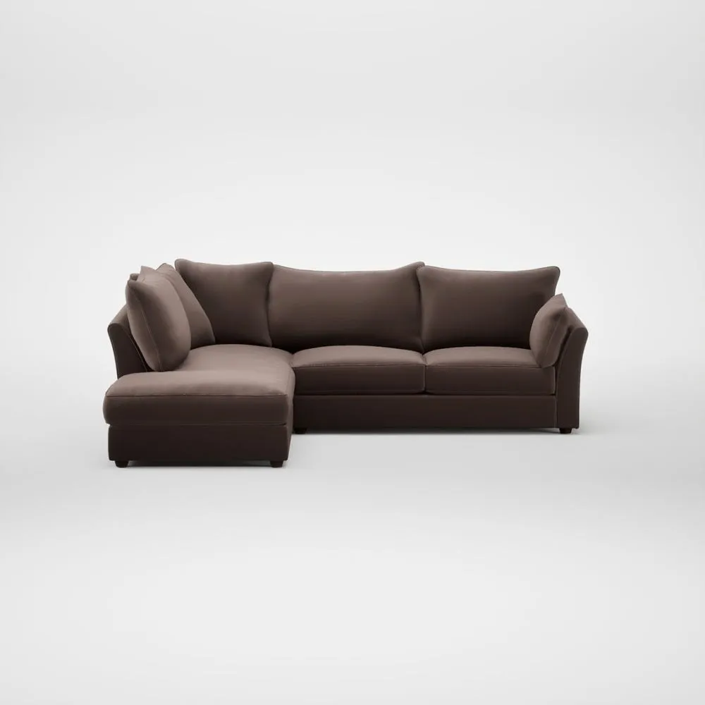Heal's Tailor Left Hand Facing Corner Sofa Smart Velvet Mouse Walnut Stained Feet 1