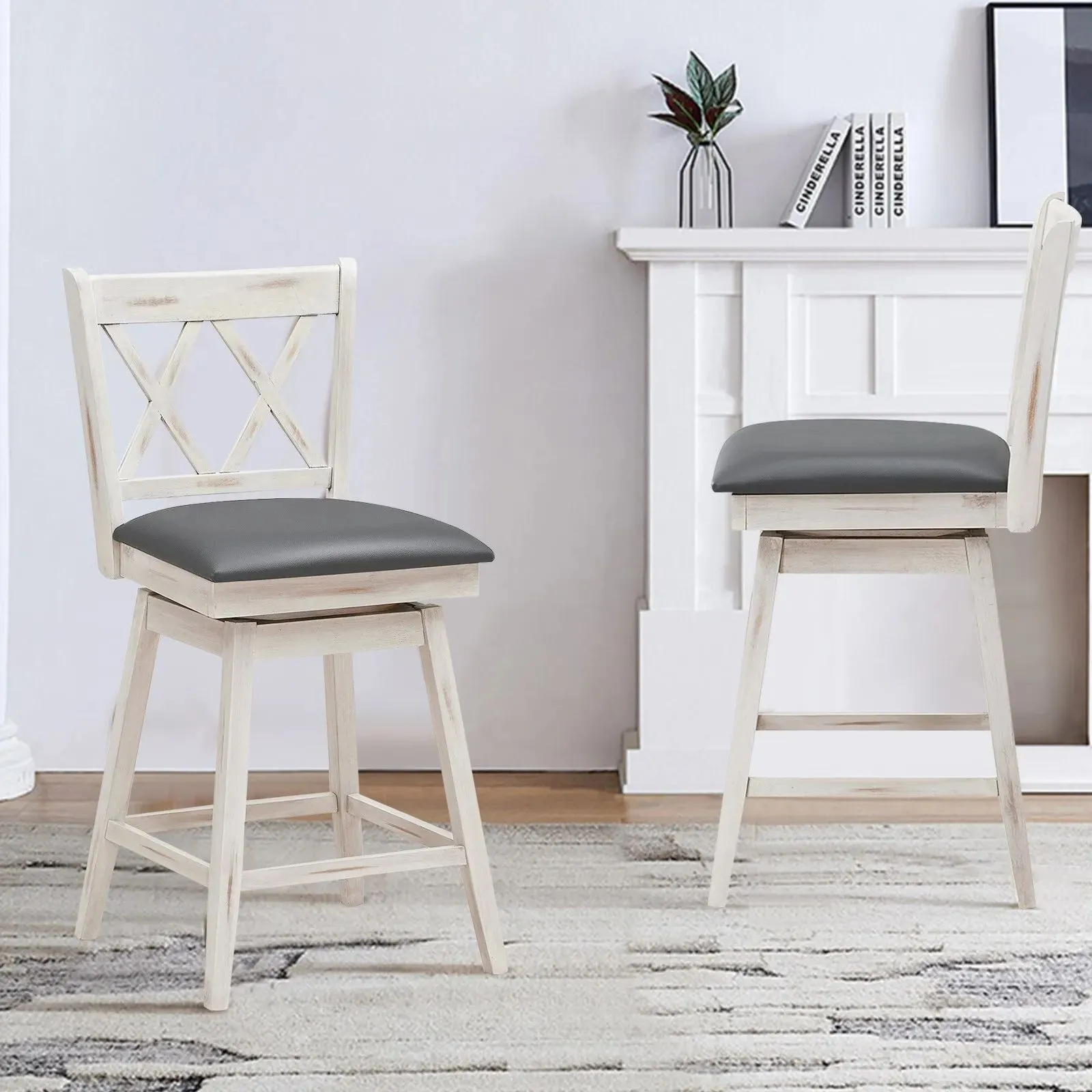 Costway Set of 2 Bar Stools Counter Height Chair Pub 360 °Swiveling Upholstered Seat 24" in White 3
