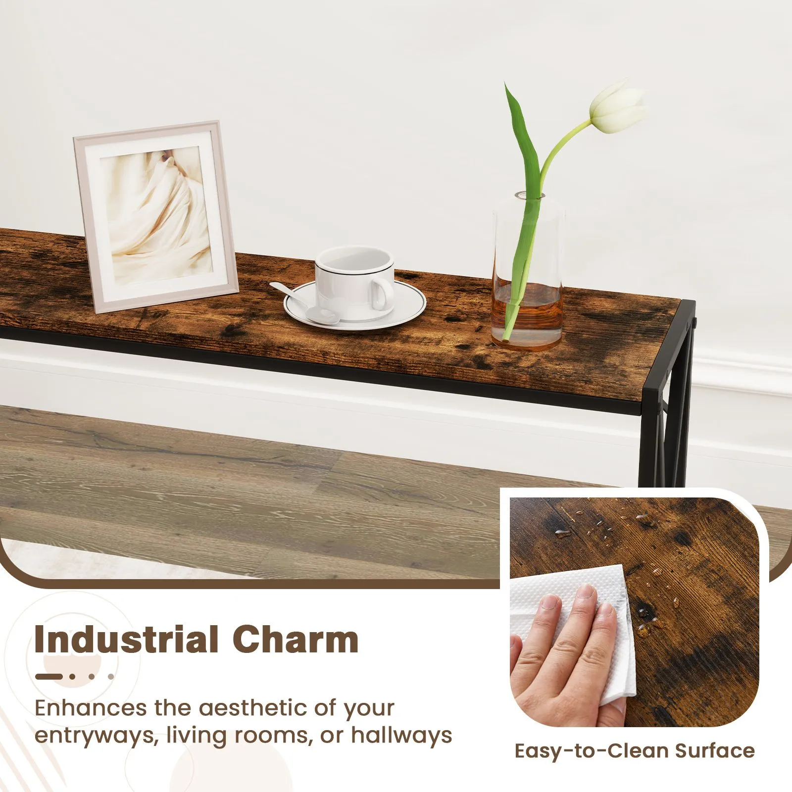 Costway Industrial Console Table 2-Tier Narrow Sofa Table Behind Couch in Brown 6
