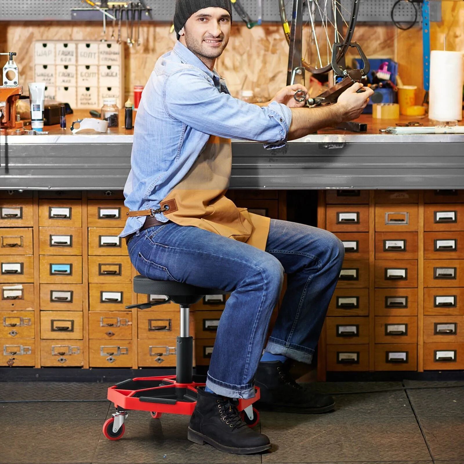 Costway Rolling Mechanic Stool Height Adjustable Workshop Creeper Seat 360 Swivel in Red 3