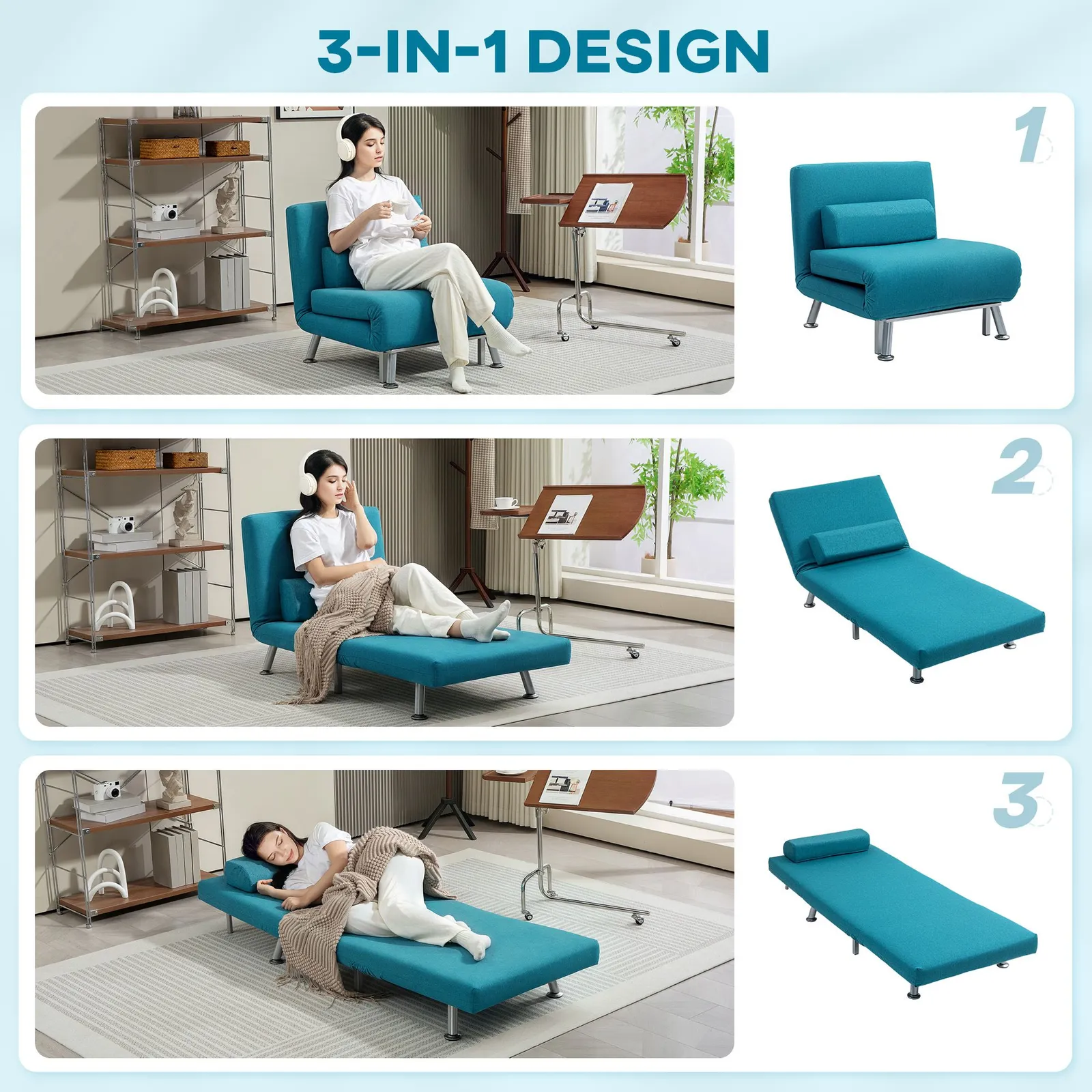 HOMCOM Single Folding 5 Position Convertible Sleeper Chair Bed in Dark Blue 4