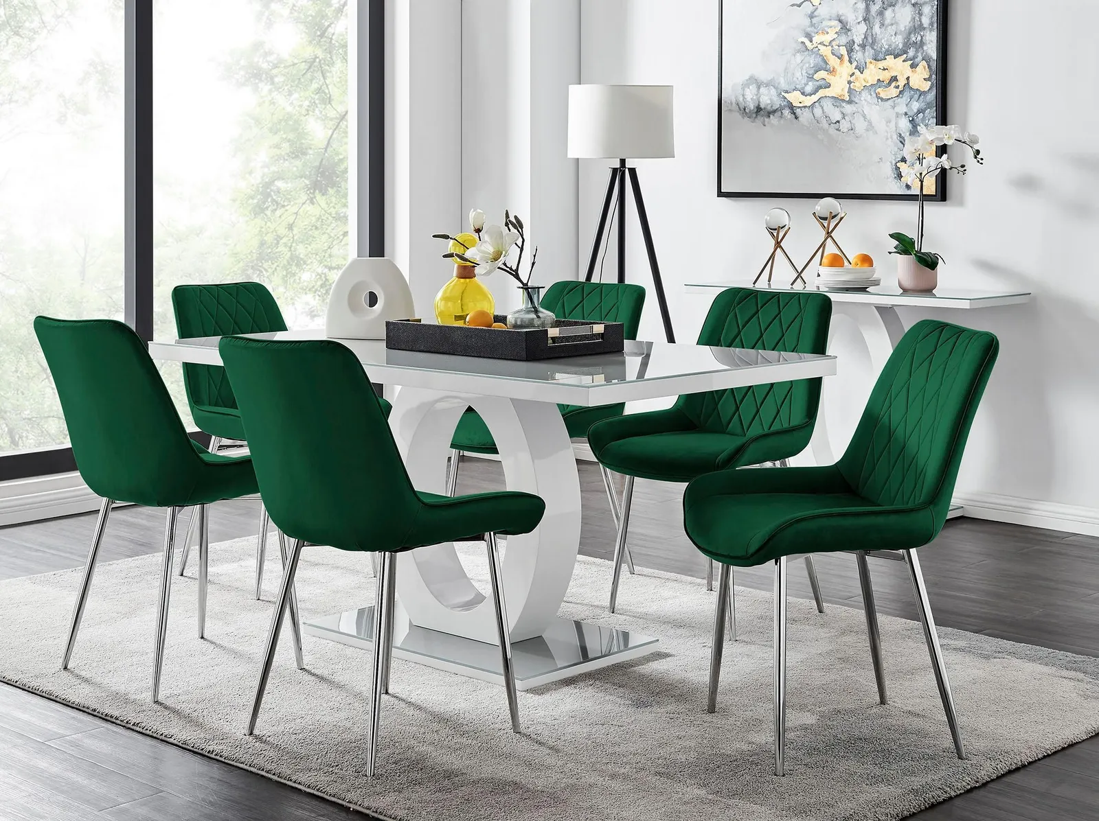 FurnitureboxUK Giovani 6-Seater Grey Glass Dining Table & 6 Pesaro Soft Velvet Dining Chairs in Green
