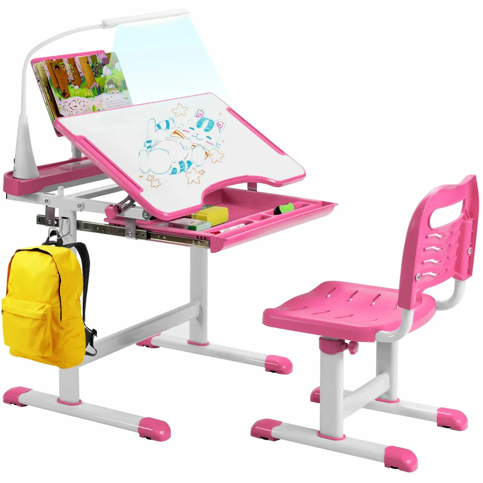 Costway Height Adjustable Study Table & Chair Set w/Book Stand & LED Light in Pink