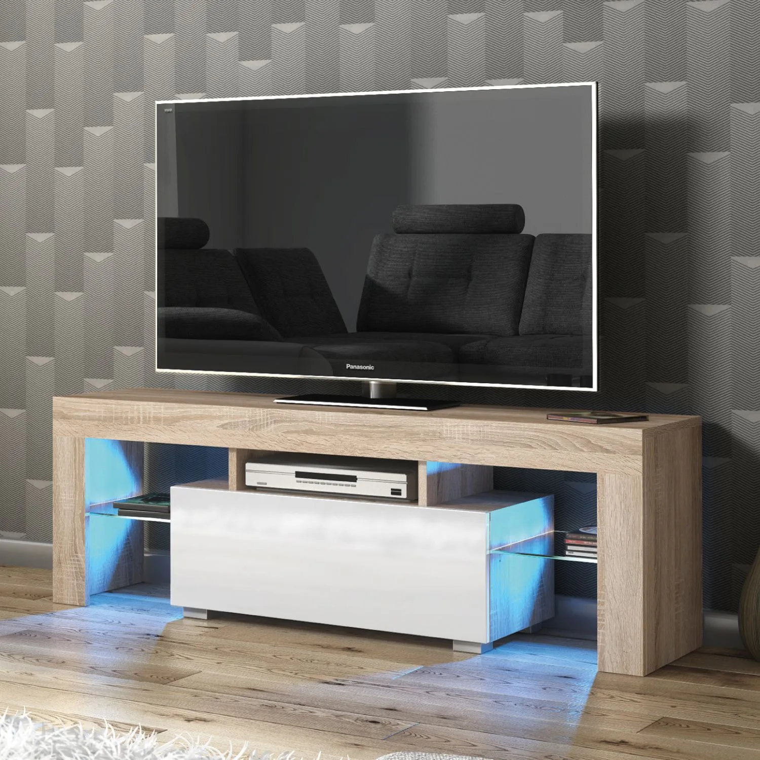 Creative Furniture Floe TV Unit 130cm - A Sleek & Elegant Cabinet with Gloss Doors & LED Lights in Light Oak