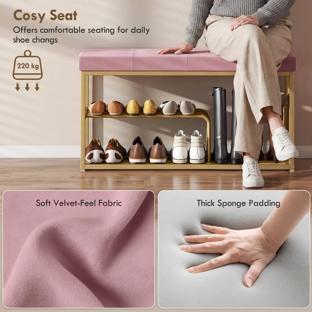 HOMCOM Shoe Storage Bench with Seat Cushion Tufted Shoe Rack Bench in Pink 6