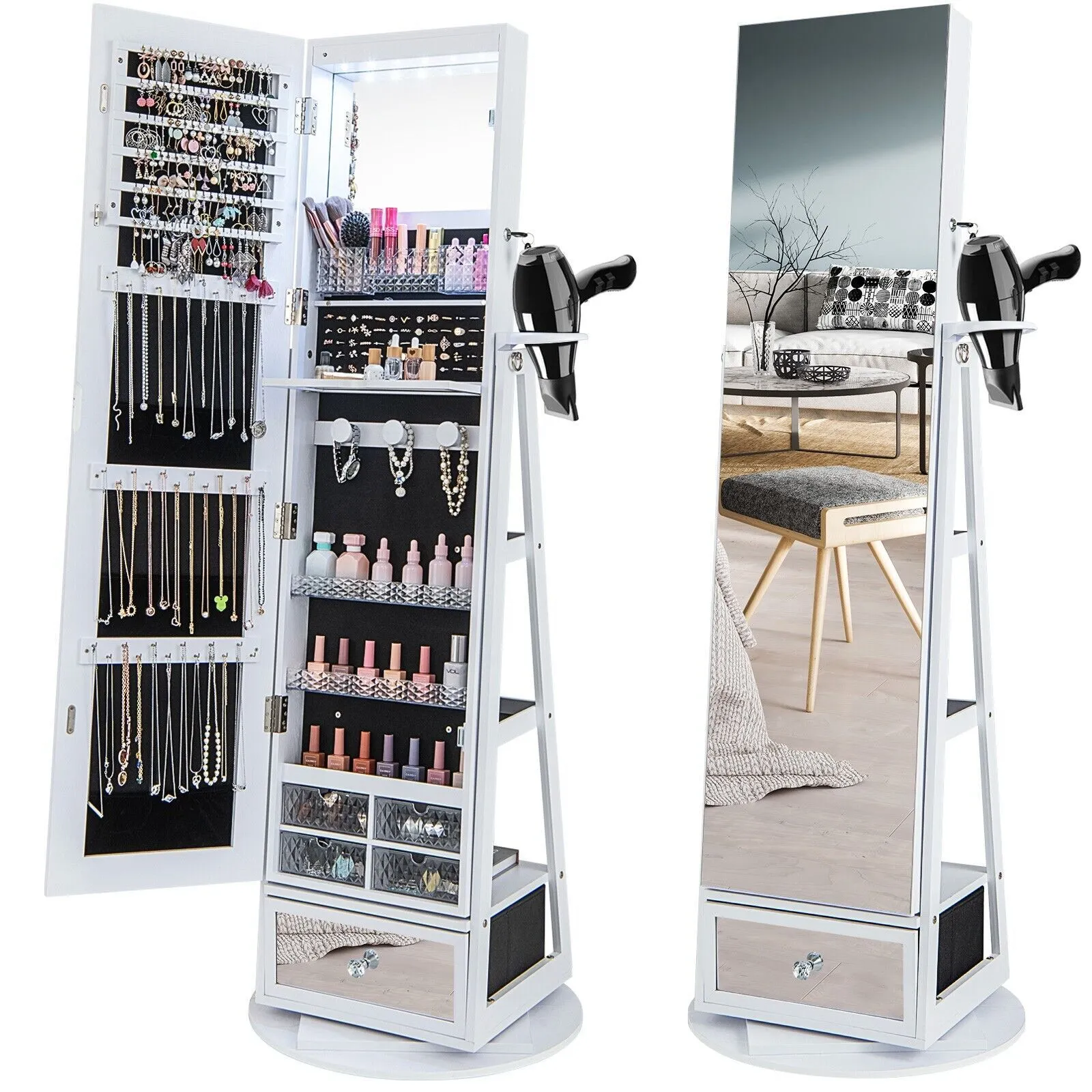 Costway Floor Standing Swivel Jewelry Cabinet Lockable Jewelry Armoire w/ FullLength Mirror &Lights in White