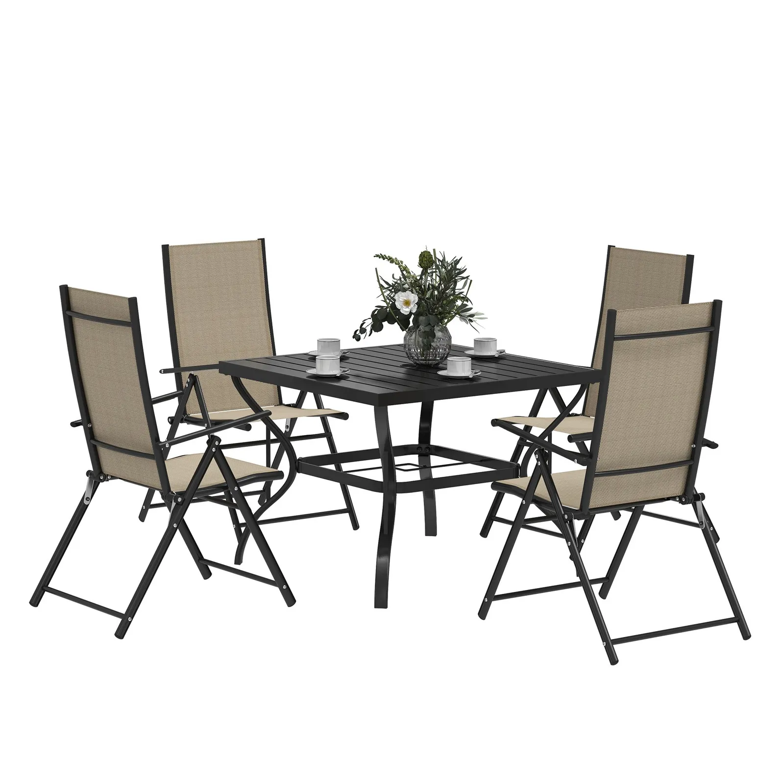 OUTSUNNY 5 PCs Garden Dining Set, Folding Chairs & Metal Top Table, Khaki 2