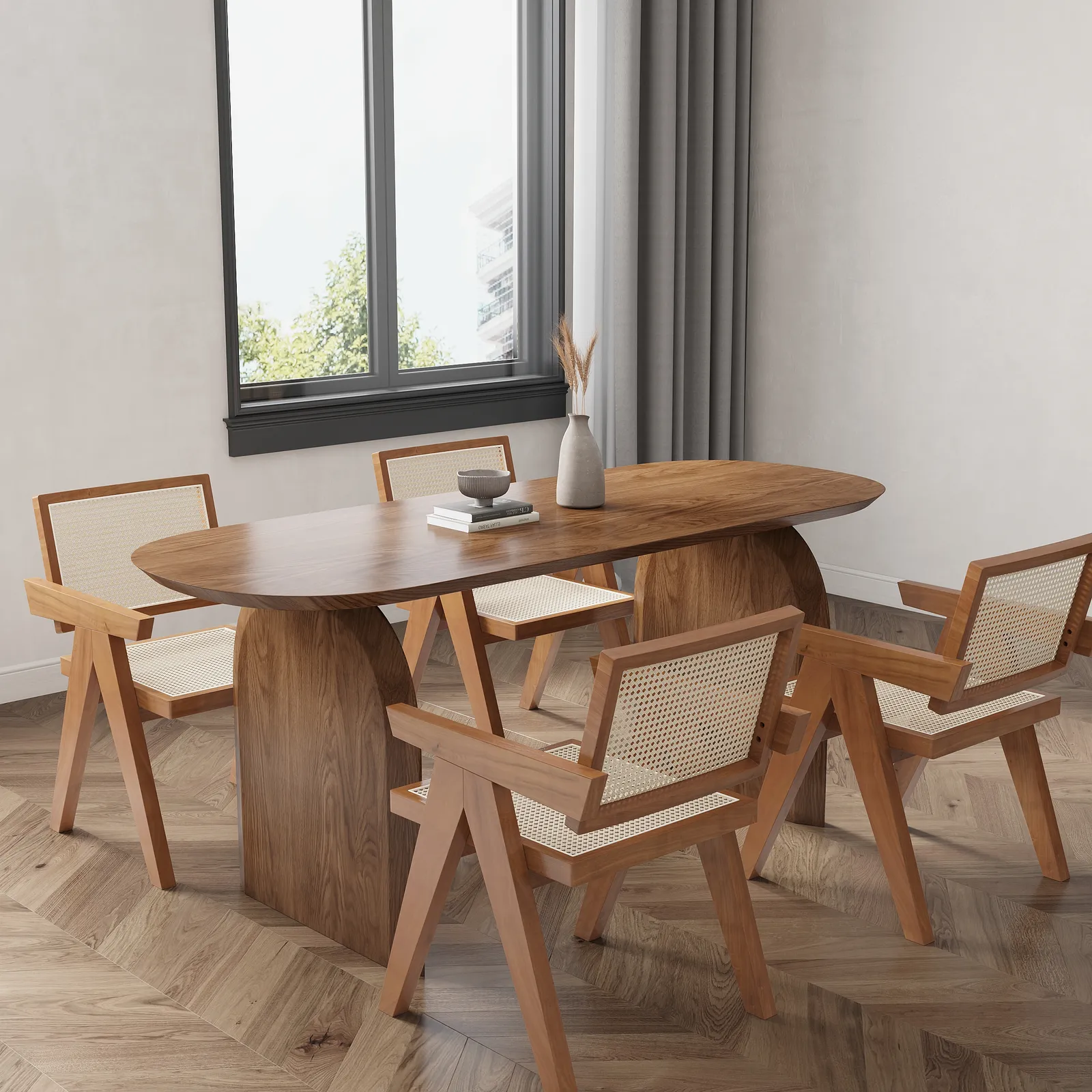 Dining Table Set 70.9" Oval Solid Wood Dining Table & 4 Walnut Japandi Rattan Dining Chairs