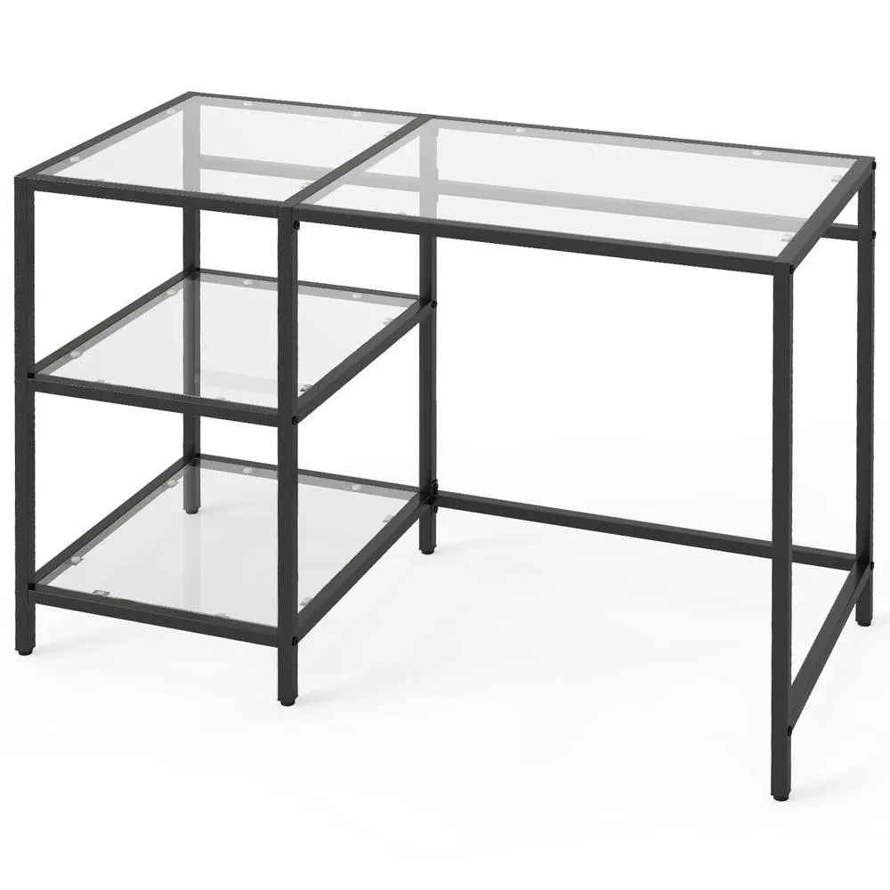Costway Tempered Glass Computer Desk Modern Office Desk with Storage Shelves in Black