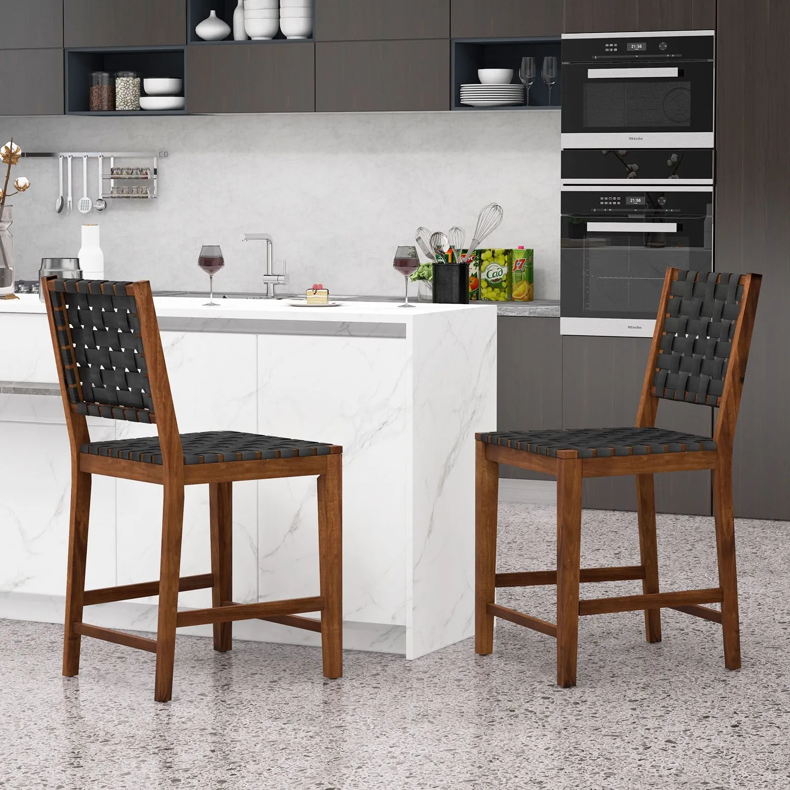 Costway Woven Bar Stools Set of 2 Counter Height Chairs w/ Faux PU Leather Straps in Brown 4