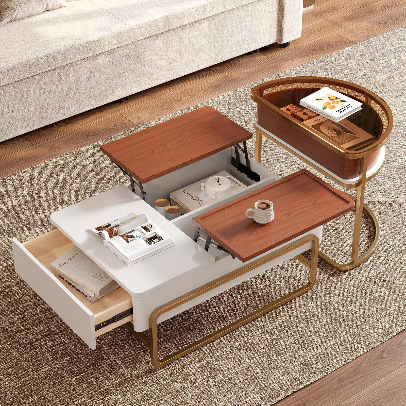 Glass Top Lift Top Nesting Coffee Table Modern Walnut & White