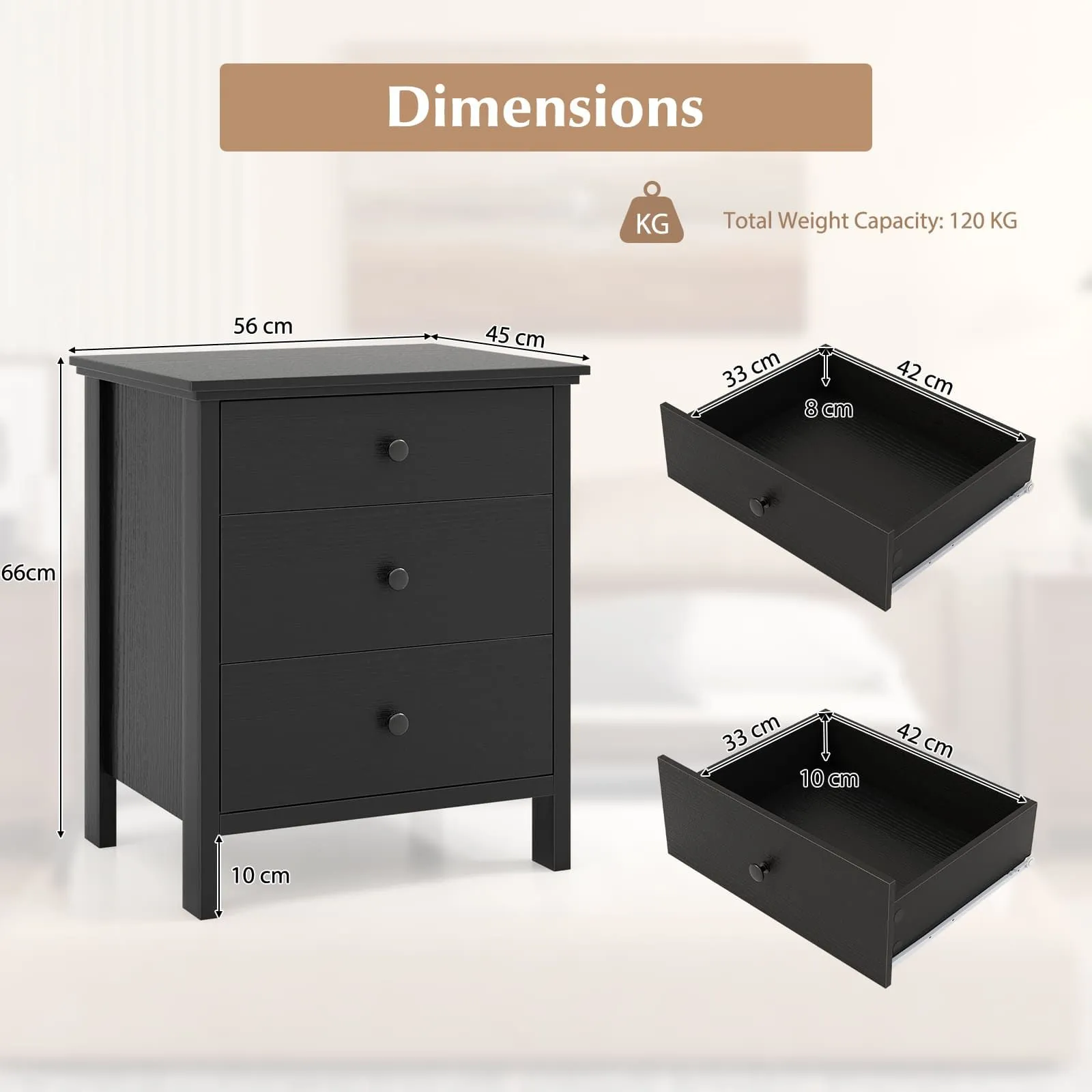 Costway Bedroom Nightstand Compact Storage Chest w/ 3 Drawer-Black in Black 2